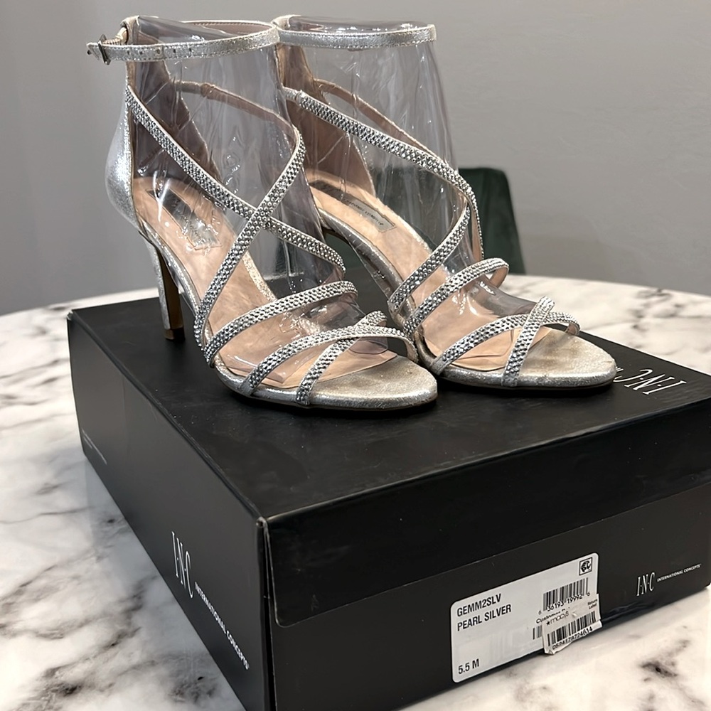 INC (International Concepts) silver cross strap sequin heels
